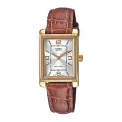 CASIO COLLECTION Montre Argente cadran dore fond argenté bracelet cuir marron Hot