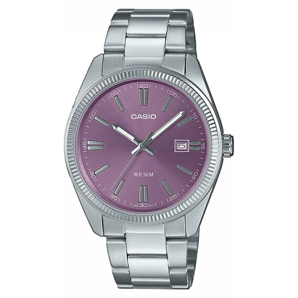 CASIO COLLECTION Montre Aubergine cadran argenté fond aubergine bracelet acier argenté Best