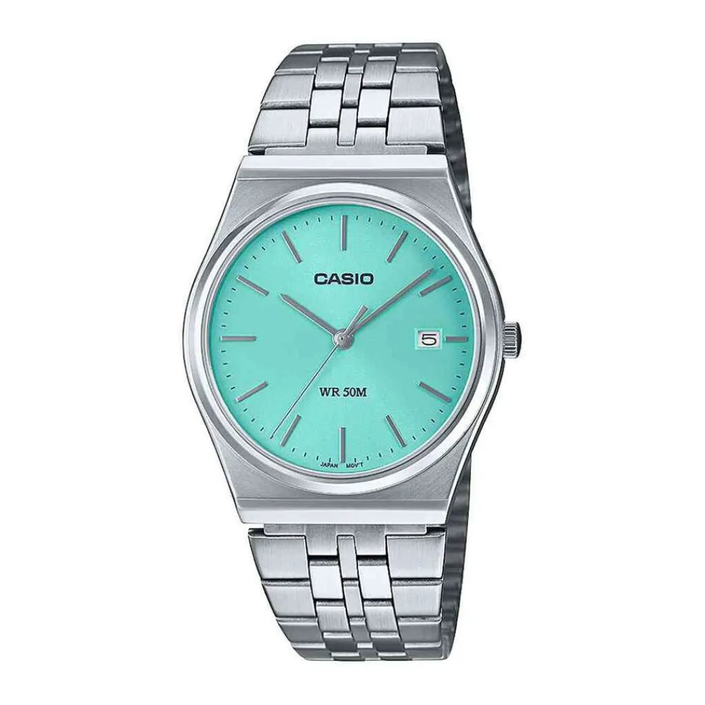 CASIO COLLECTION Montre Azur cadran gris fond azur bracelet acier argenté Online