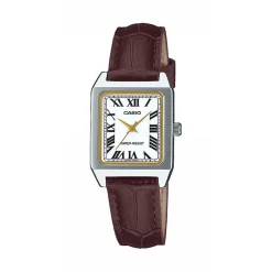 CASIO COLLECTION Montre Blanc cadran argenté fond blanc bracelet cuir de vache marron New