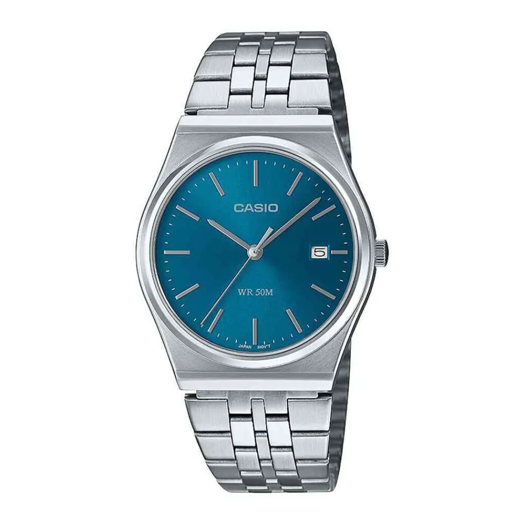 CASIO COLLECTION Montre Bleu cadran gris fond bleu bracelet acier argenté