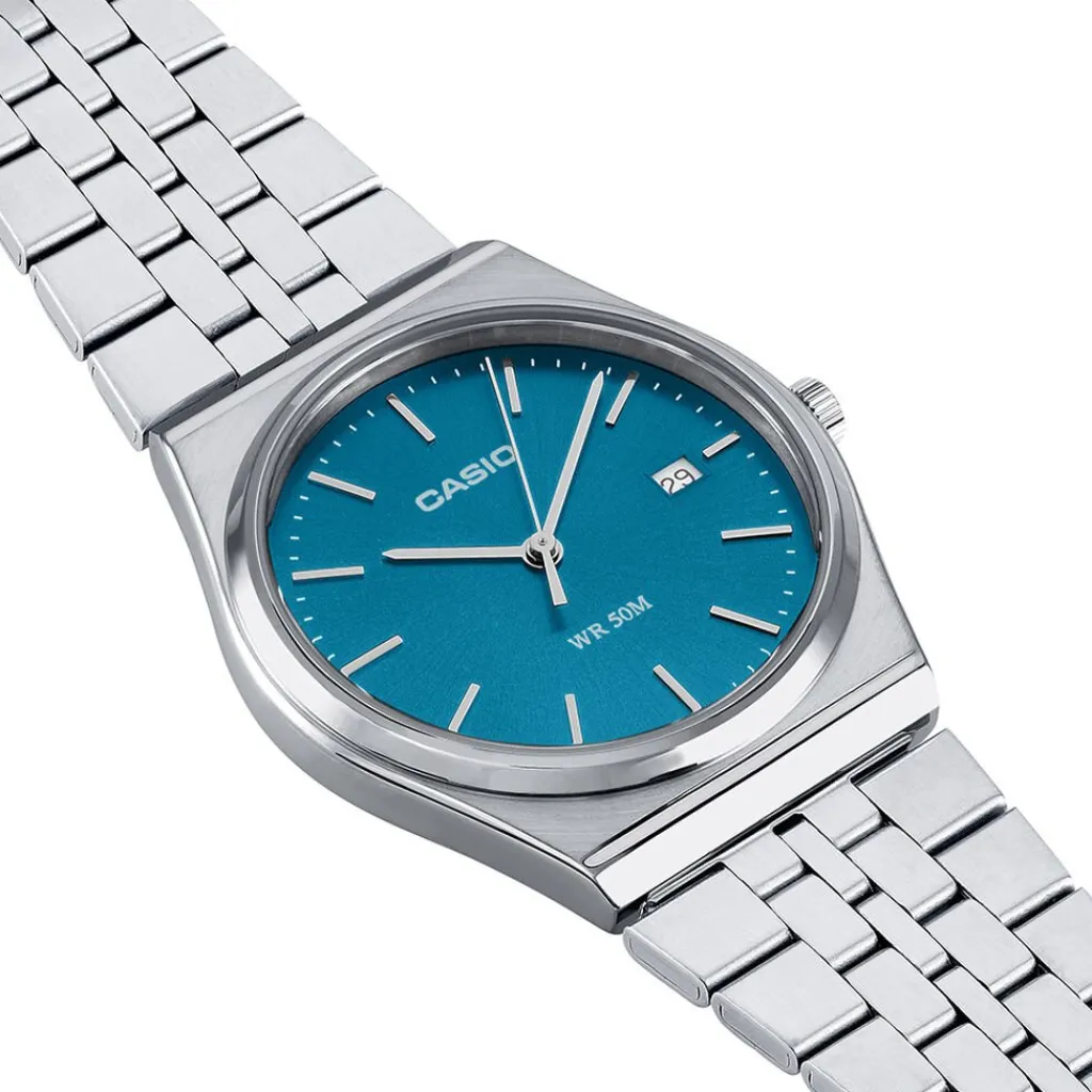 CASIO COLLECTION Montre Bleu cadran gris fond bleu bracelet acier argenté