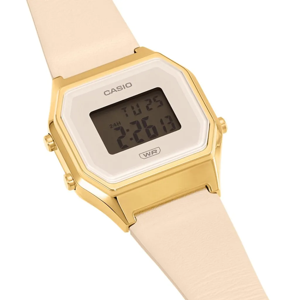 CASIO COLLECTION Montre Blanc cadran dore fond blanc bracelet cuir rose Outlet