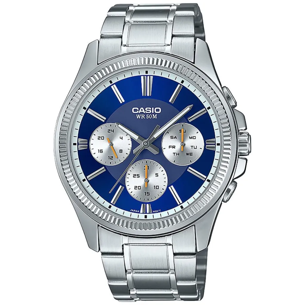 CASIO COLLECTION Montre Bleu cadran argenté fond bleu bracelet acier argenté Discount