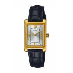 CASIO COLLECTION Montre Gris cadran doré fond gris bracelet cuir noir Discount