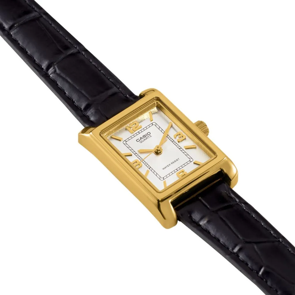 CASIO COLLECTION Montre Gris cadran doré fond gris bracelet cuir noir Discount