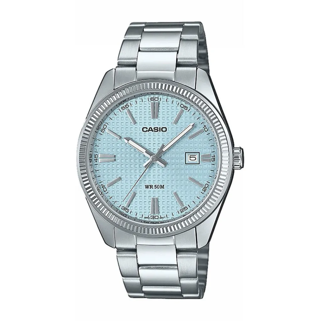 CASIO COLLECTION Montre Timeless Bleu Sky cadran argenté fond bleu sky bracelet acier argenté Outlet