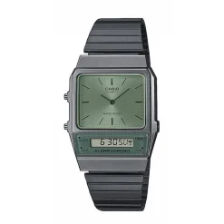 CASIO COLLECTION Montre Vintage Edgy Vert cadran gris fond vert bracelet acier gris