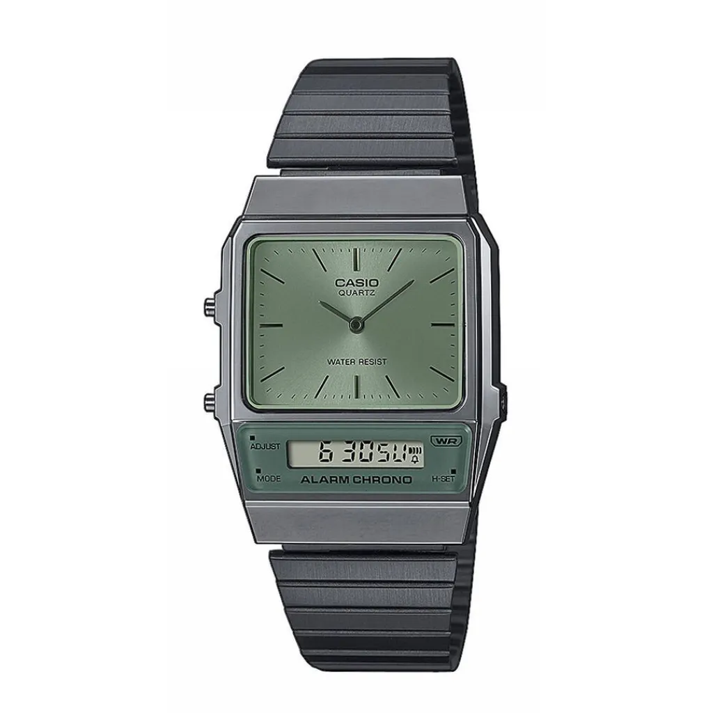 CASIO COLLECTION Montre Vintage Edgy Vert cadran gris fond vert bracelet acier gris