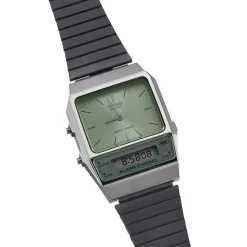 CASIO COLLECTION Montre Vintage Edgy Vert cadran gris fond vert bracelet acier gris