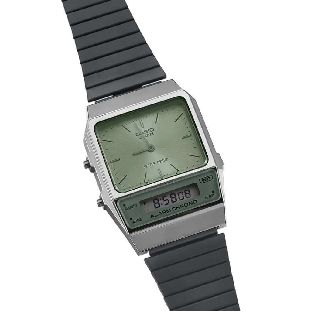 CASIO COLLECTION Montre Vintage Edgy Vert cadran gris fond vert bracelet acier gris