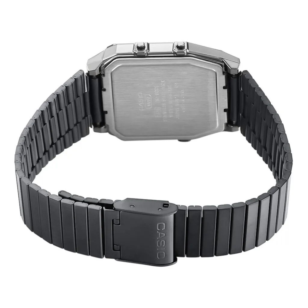 CASIO COLLECTION Montre Vintage Edgy Vert cadran gris fond vert bracelet acier gris