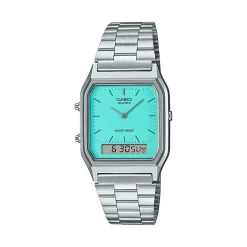 CASIO COLLECTION Montre Vintage Turquoise cadran argenté fond turquoise bracelet acier argenté Best