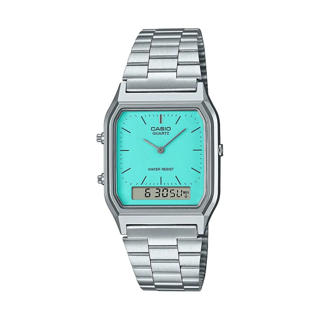CASIO COLLECTION Montre Vintage Turquoise cadran argenté fond turquoise bracelet acier argenté Best