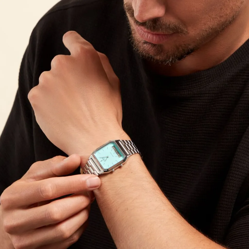 CASIO COLLECTION Montre Vintage Turquoise cadran argenté fond turquoise bracelet acier argenté Best