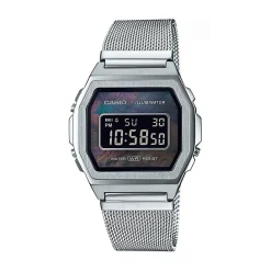 CASIO COLLECTION Montre Vintage Iconic Noir cadran argenté bracelet acier argenté Sale