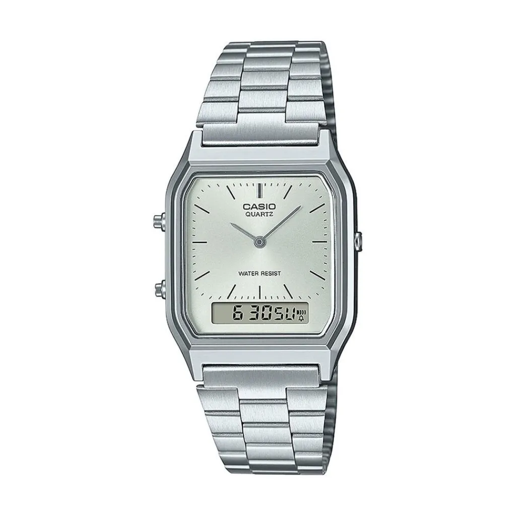 CASIO COLLECTION Montre Vintage Gris cadran argenté fond gris bracelet acier argenté New