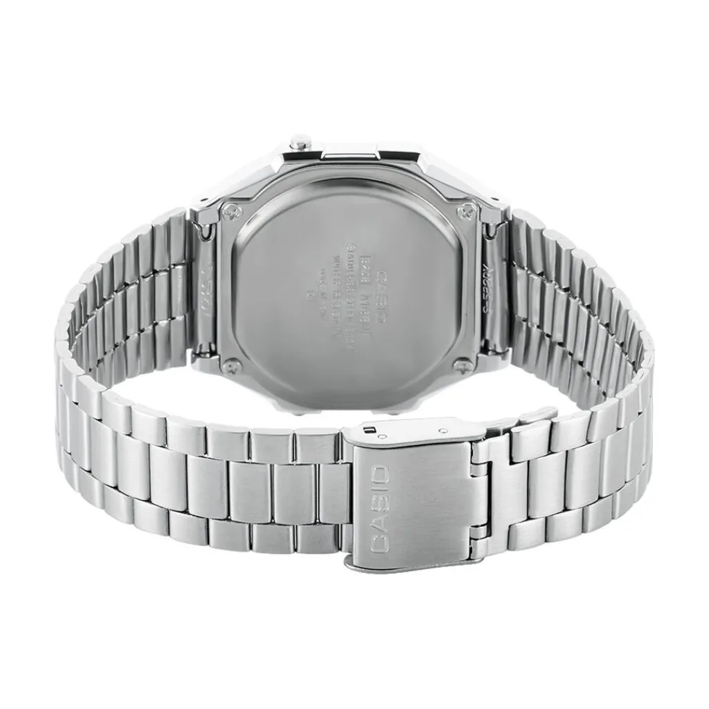 CASIO COLLECTION Montre Vintage Noir cadran argenté fond noir bracelet acier argenté Sale