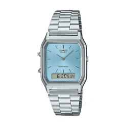 CASIO COLLECTION Montre Vintage Bleu cadran argenté fond bleu bracelet acier argenté Sale