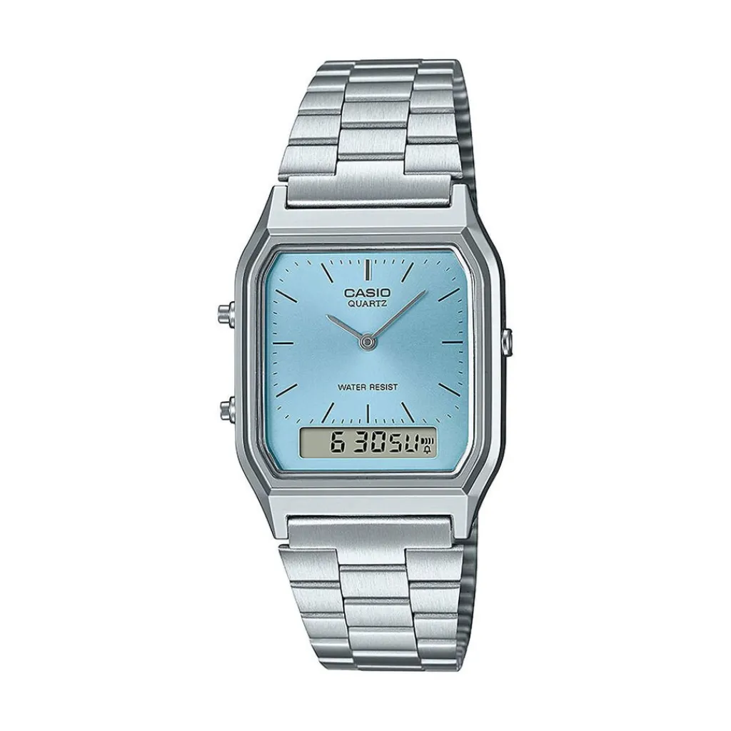CASIO COLLECTION Montre Vintage Bleu cadran argenté fond bleu bracelet acier argenté Sale