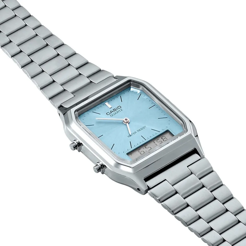 CASIO COLLECTION Montre Vintage Bleu cadran argenté fond bleu bracelet acier argenté Sale