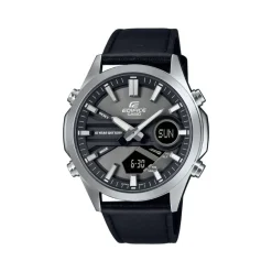 CASIO EDIFICE Montre Gris cadran argenté fond gris bracelet cuir de vache noir Outlet