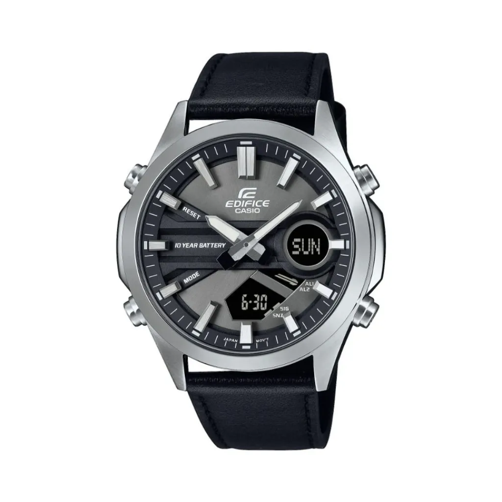 CASIO EDIFICE Montre Gris cadran argenté fond gris bracelet cuir de vache noir Outlet