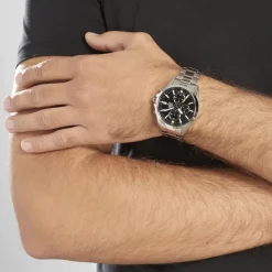 CASIO EDIFICE Montre Noir cadran argenté fond noir bracelet acier argenté New