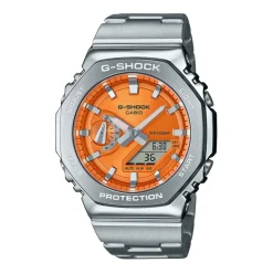 CASIO G-SHOCK Montre Orange cadran argenté fond orange bracelet acier argenté Discount