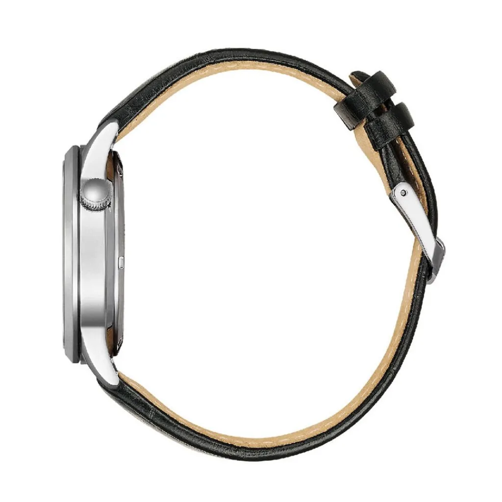 CITIZEN Montre Platform Auto Noir cadran argenté fond noir bracelet cuir de veau noir New