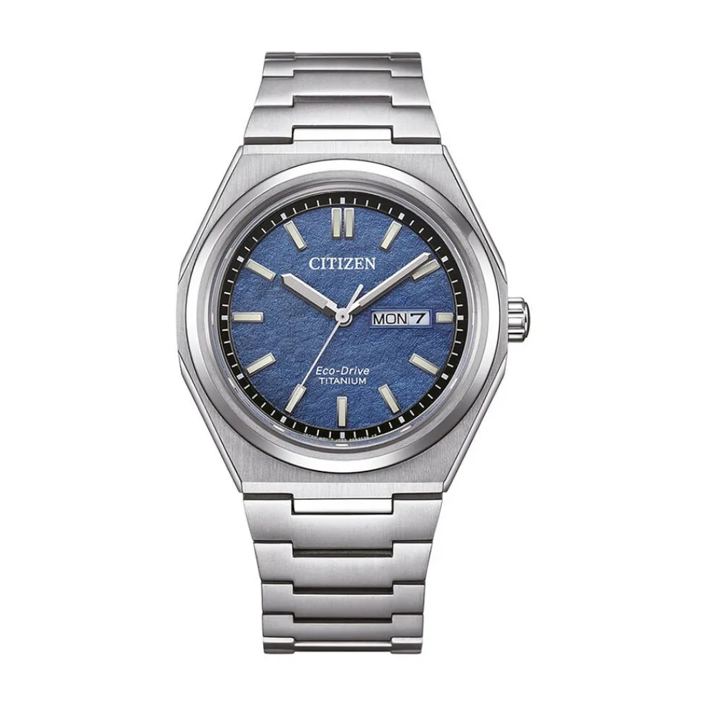 CITIZEN Montre Super Titanium 39.5 Bleu cadran argenté fond bleu bracelet titane argenté New