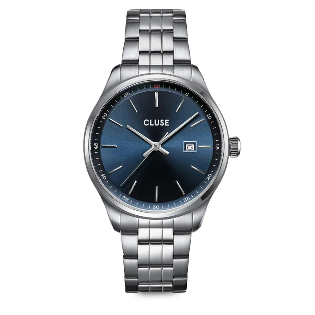 CLUSE Montre Anthéor Bleu cadran argenté fond bleu bracelet acier argenté Outlet
