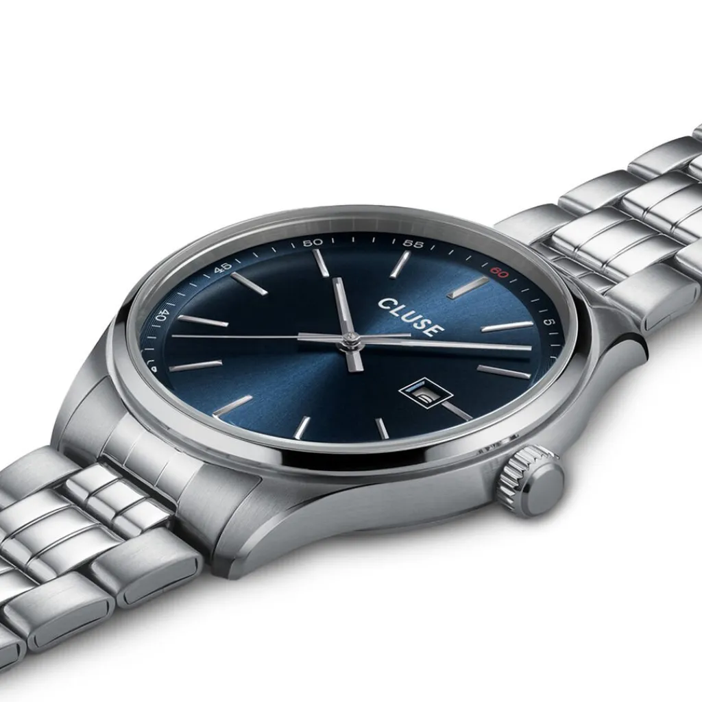 CLUSE Montre Anthéor Bleu cadran argenté fond bleu bracelet acier argenté Outlet