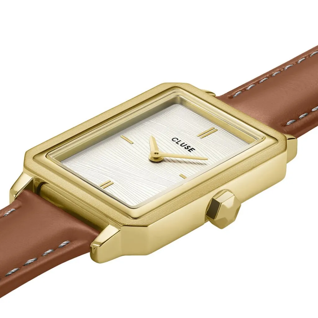 CLUSE Montre Fluette Blanc cadran doré fond blanc bracelet cuir de vache marron New