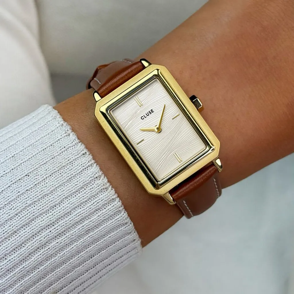 CLUSE Montre Fluette Blanc cadran doré fond blanc bracelet cuir de vache marron New