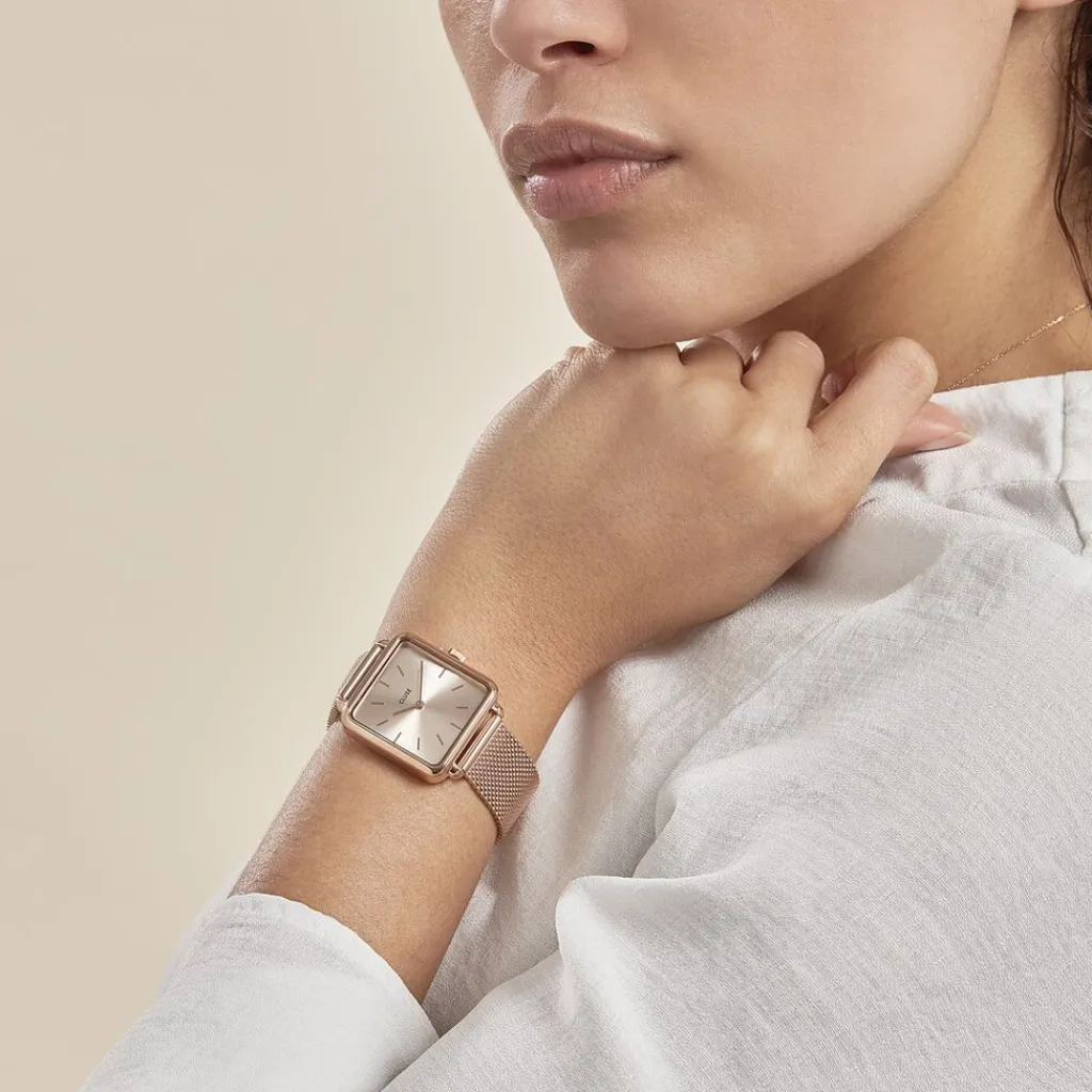 CLUSE Montre La Tetragone Rose cadran doré rose fond doré rose bracelet acier doré rose Sale