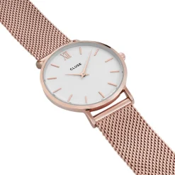 CLUSE Montre Minuit Blanc cadran doré rose fond blanc bracelet acier doré rose Clearance