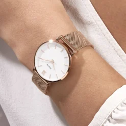 CLUSE Montre Minuit Blanc cadran doré rose fond blanc bracelet acier doré rose Clearance
