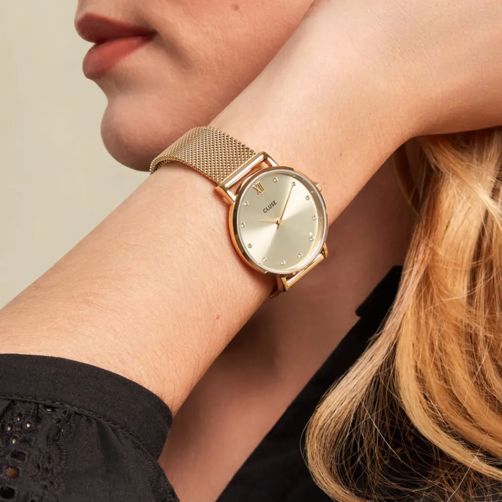 CLUSE Montre Minuit Champagne cadran doré fond champagne bracelet acier doré New