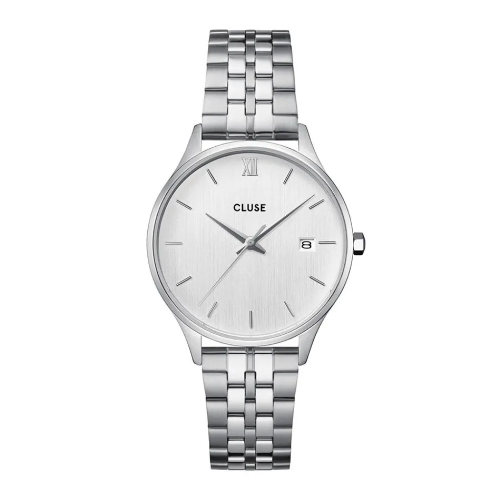 CLUSE Montre Minuit Date Argenté cadran argenté fond argenté bracelet acier argenté