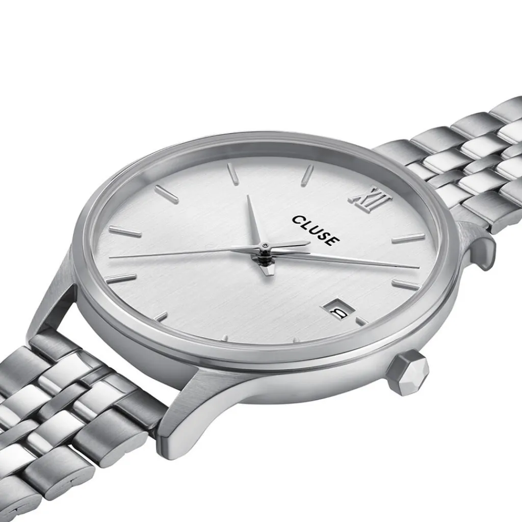 CLUSE Montre Minuit Date Argenté cadran argenté fond argenté bracelet acier argenté