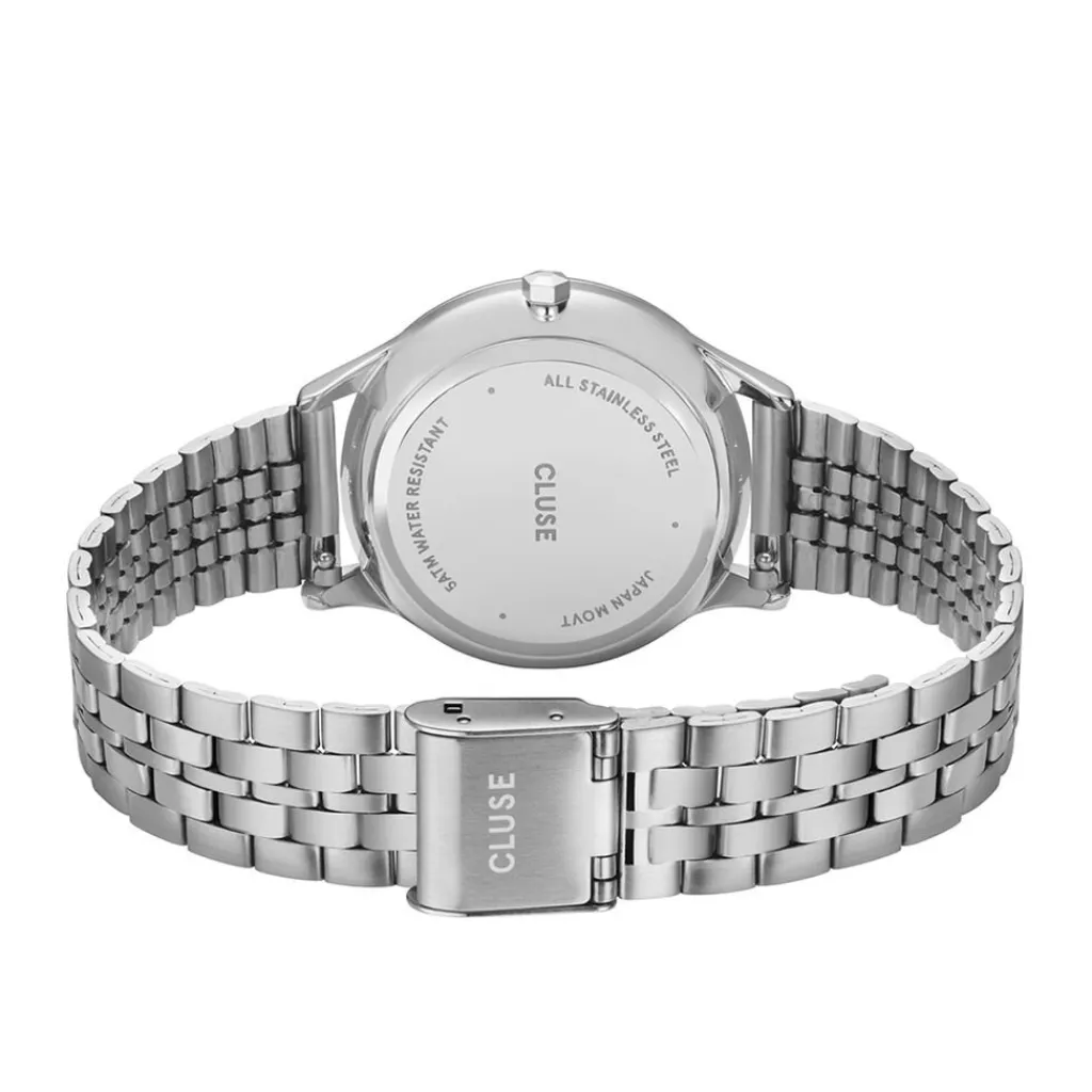 CLUSE Montre Minuit Date Argenté cadran argenté fond argenté bracelet acier argenté