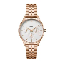 CLUSE Montre Minuit Multifonction Blanc cadran rose fond blanc bracelet acier rose Sale