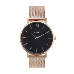 CLUSE Montre Minuit Noir cadran doré rose fond noir bracelet acier doré rose Best