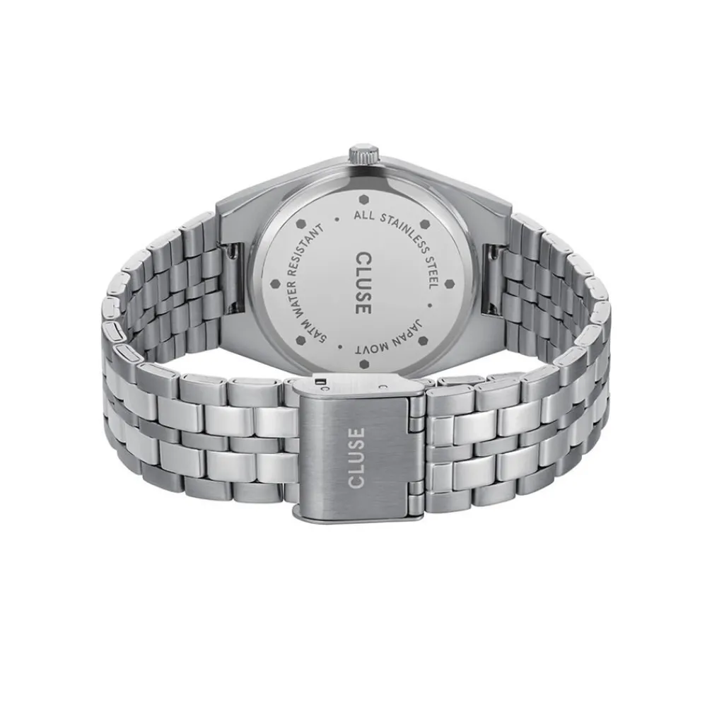 CLUSE Montre Retro 70's Bleu cadran argenté fond bleu bracelet acier argenté Hot