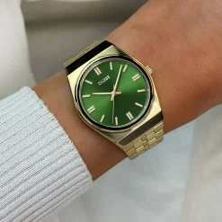 CLUSE Montre Retro 70's Vert cadran doré fond vert bracelet acier doré Outlet