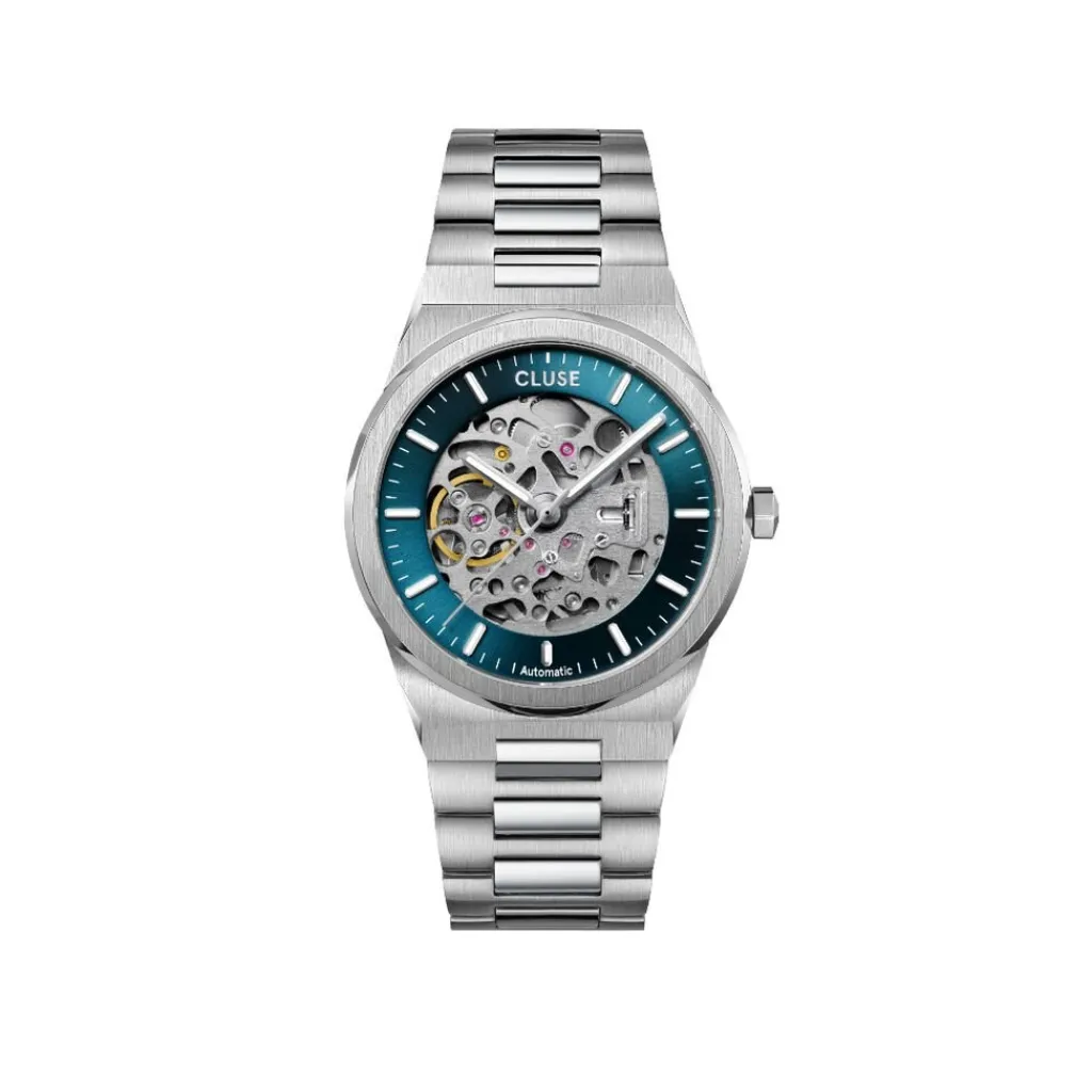 CLUSE Montre Vigoureux Automatique Bleu cadran argenté fond bleu bracelet acier argenté New
