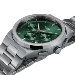CLUSE Montre Vigoureux Chrono Vert cadran argenté fond vert bracelet acier argenté Outlet