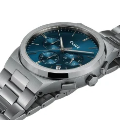 CLUSE Montre Vigoureux Chrono Bleu cadran argenté fond bleu bracelet acier argenté Best