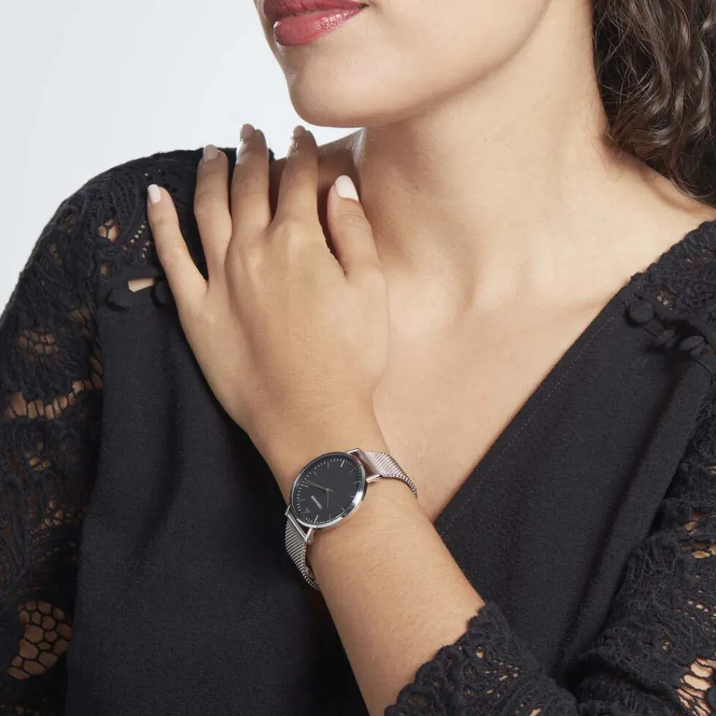CODHOR Montre Cindy Noir cadran argenté fond noir bracelet acier argenté New